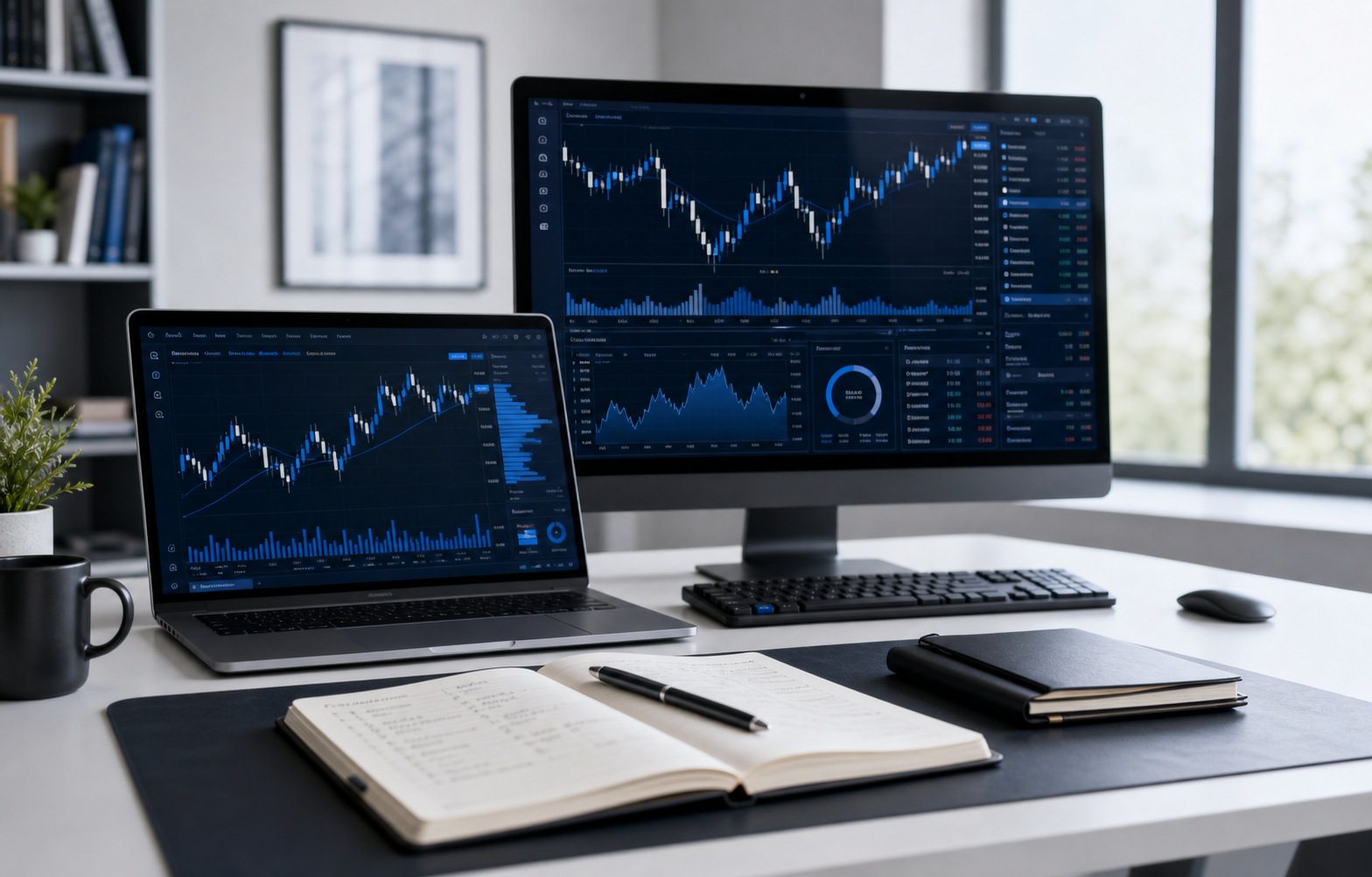 Professional trading workspace with market analysis screens and a trading journal